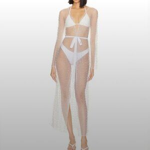 Beach Bunny Sheer White Beaded Long Sleeve Swim Coverup